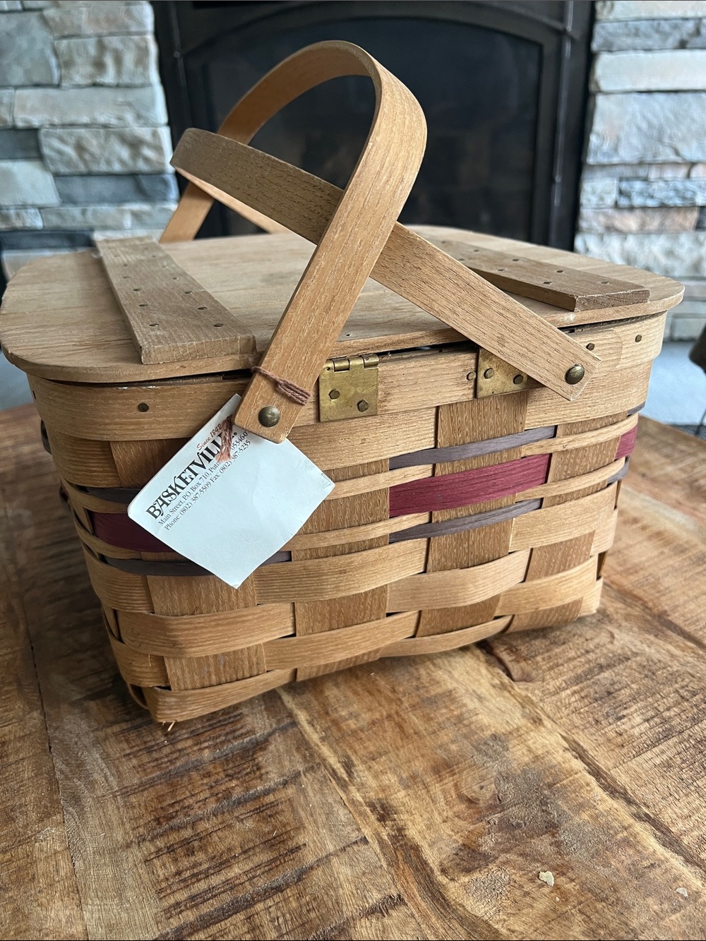 BASKETVILLE Woven Pie Basket Tote in Natural and Burgundy - NEW WITH TAGS